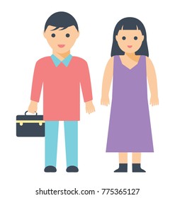 
Husband and wife standing side by side and the husband is carrying a black box 
