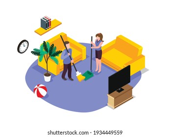 Husband and wife sweeping the floor 3D isometric vector concept for banner, website, illustration, landing page, flyer, etc