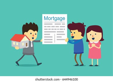 Husband and wife take a mortgage commitment letter exchange for home with agent. Illustration about buying property.