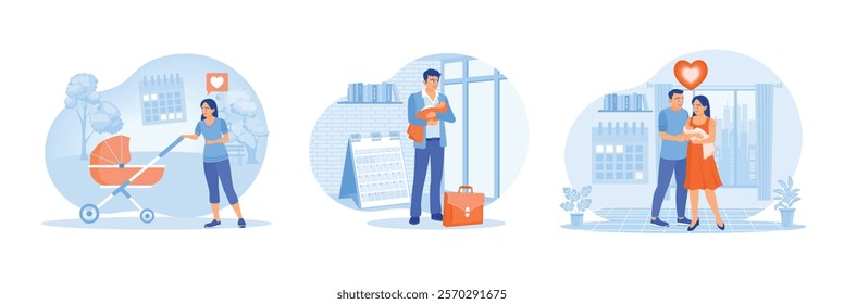 Husband and wife take time off work. Parents raise children together. Father helps wife carry the baby. Maternity and paternity leave concept. Set flat vector illustration.