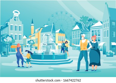 Husband and Wife Talking on Walk in City Center. Couple Holds Hands, Walks and Discusses Fine Weather Outside. Other People Walk around Central Fountain. Behind Beautiful Old Houses Ferris Wheel.