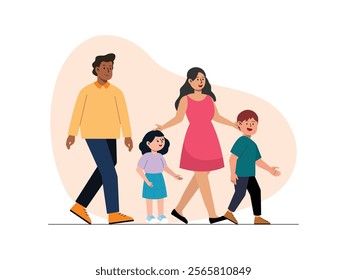 a husband and wife and their two children, a boy and a girl, were walking down the street.
design, vector, illustration