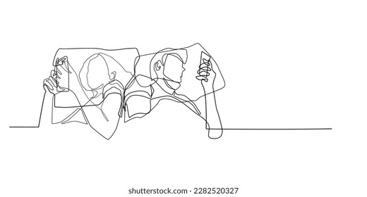 husband and wife turning their backs while sleeping and staring at each other's mobile phones.continuous line of busy with mobile phones.time-consuming communication technology single line drawing