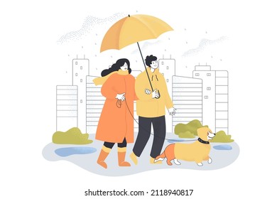 Husband and wife walking dog in downpour. Cloudy day, people in park with puppy while raining, buildings of city in background flat vector illustration. Outdoor activities, pets, bad weather concept