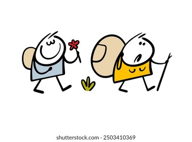 Husband and wife went camping. Poor cartoon  woman carries a heavy backpack, a man is having fun, sniffing a flower. Vector illustration of a family vacation.