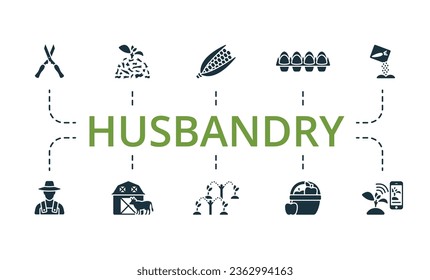 Husbandry set. Creative icons: garden shears, mulch, corn, egg tray, seeds, farmer, farm, irrigation automation, apple harvest, smart farming.