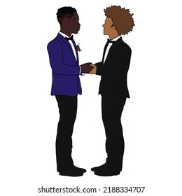 Husbands Two Grooms Gay Men Marriage Couple Mixed Race Cartoon Vector Simple Facing Holding Hands Blue Suit Black Tuxedo At Ceremony Celebration Non Traditional  Romantic Honeymoon Young Couple Love