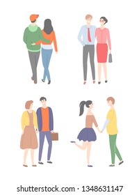 Husbands and wives, happy families, laughing people set isolated on white. Vector teenage and middle age pairs, dating and flirting men and women in love