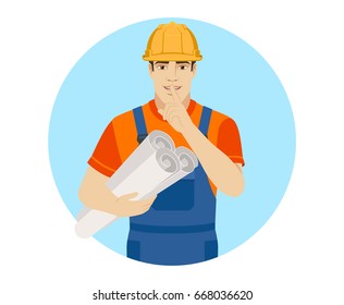 Hush hush. Builder holding the project plans and  making hush sign. Portrait of builder character in a flat style. Vector illustration.