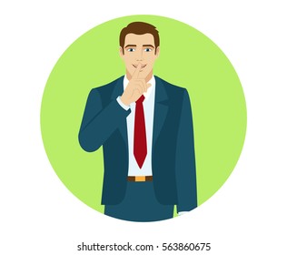  Hush hush. Businessman making hush sign. Portrait of businessman in a flat style. Vector illustration.