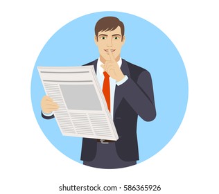 Hush hush. Businessman making hush sign. Portrait of businessman in a flat style. Vector illustration.