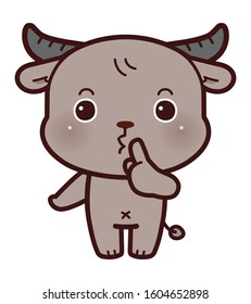 Hush. Little Carabao asking for silence or secrecy with finger on lips shhh hand gesture, cartoon chibi style