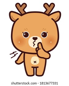 Hush. Little Deer asking for silence or secrecy with finger on lips shhh hand gesture, cartoon chibi style
