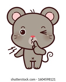 Hush. Little Mouse asking for silence or secrecy with finger on lips shhh hand gesture, cartoon chibi style