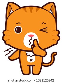 Hush. Little Orange Cat asking for silence or secrecy with finger on lips shhh hand gesture, cartoon chibi style