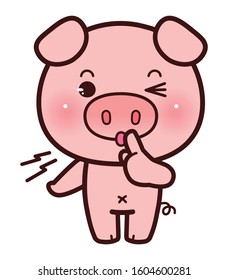 Hush. Little Pig asking for silence or secrecy with finger on lips shhh hand gesture, cartoon chibi style