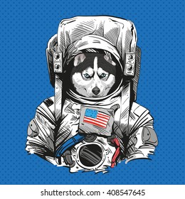 Husk dog in astronaut suit. Hand drawn vector illustration