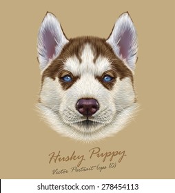 Husky animal dog cute face. Vector Alaskan puppy head portrait. Realistic fur portrait of Siberian dog on beige background.