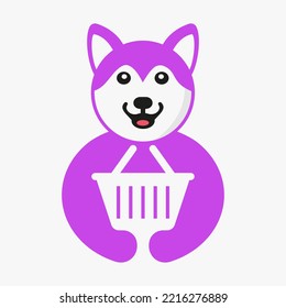 Husky Basket Logo Negative Space Concept Vector Template. Husky Holding Basket Symbol