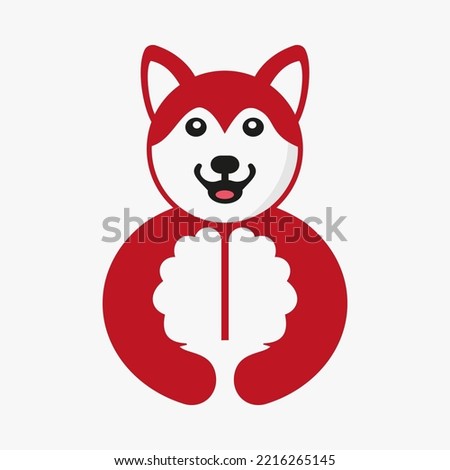 Husky Brain Logo Negative Space Concept Vector Template. Husky Holding Brain Symbol