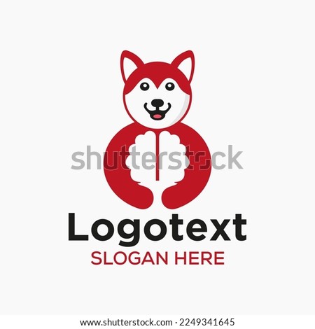 Husky Brain Logo Negative Space Concept Vector Template. Husky Holding Brain Symbol