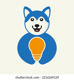 Plantilla de vectores de concepto de espacio negativo con logotipo de bulbo Husky. Símbolo de la bombilla Husky Holb