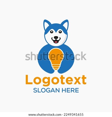 Husky Bulb Logo Negative Space Concept Vector Template. Husky Holding Bulb Symbol