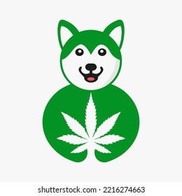 Plantilla de vectores de concepto de espacio negativo con logotipo de cannabis Husky. Símbolo Husky de la marihuana