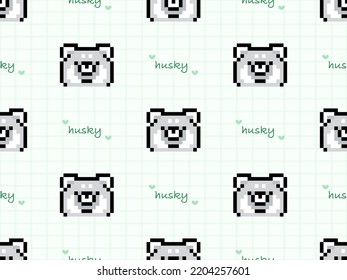 Husky cartoon character seamless pattern on green background.  Pixel style