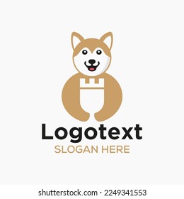 Husky Castle Logo Negative Space Concept Vector Template. Husky Holding Castle Symbol