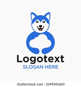 Husky Cloud Logo Negative Space Concept Vector Template. Husky Holding Cloud Symbol