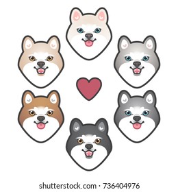 Husky color spectrum. Siberian Husky coat color types vector icon set for t-shirt design or individual use. Fixed line weight.