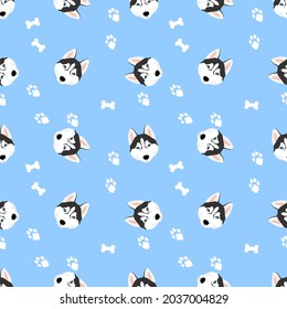 Husky dog ​​with blue eyes, white bones and paw marks on a blue background. Print for fabric, textile, paper, clothing. Seamless pattern Vector illustration