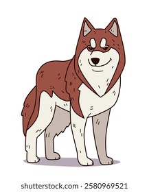 Husky dog cartoon style brown white standing confident expression isolated white background playful design character cute animal art