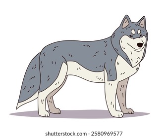 Husky dog cartoon style standing pose grey and cream fur simple lines white background playful expression animal character design