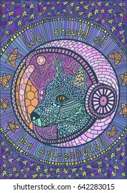 Husky dog character in space suit, starry space background. Bright saturated colors. Hand lettering of 'We should all be astronauts'. Poster or card for print.