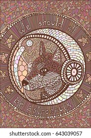 Husky dog character in space suit, starry space background. Retro style. Hand lettering of 'We should all be astronauts'. Poster or card for print.
