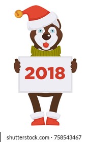 Husky dog in Christmas hat holds placard with 2018 sign