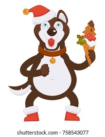 Husky dog in collar and Christmas hat holds ice cream