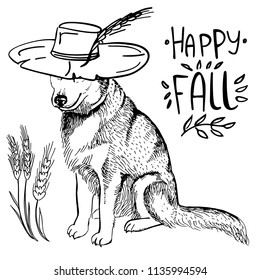 Husky dog in cowboy hat and lettering Happy Fall on white background. Vector illustration. Template for a card or poster.