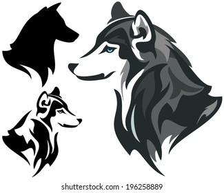 Husky dog design  - animal head side view illustration in color and monochrome plus silhouette