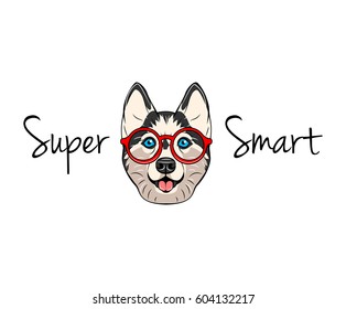 Husky dog face in glasses. Super smart. Vector illustration isolated on white background