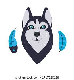 Husky. Dog head with blue eyes. Feathers fly around. Doodle and freehand drawing in the modern style. Scandinavian style clipart. Vector illustration.