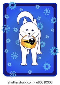 Husky dog holding a basket with black kitten. Vector illustration