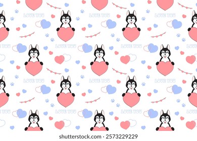 Husky dog in love and hearts. Seamless pattern for Valentines day. Festive design for wrapping paper, fabric, wallpaper, cards. Vector illustration