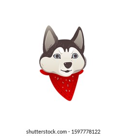 Husky dog muzzle or face with a red scarf, isolated vector cartoon illustration of a friendly pet.