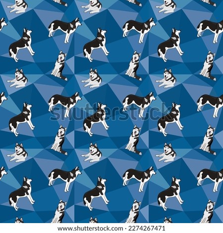 Husky dog on a mosaic geometric background. Funky, colorful vibe, rainbow colors palette. Simple, clean, modern texture. Geometric, polygon style. Summer seamless pattern with dogs.Triangles.