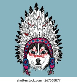 Husky Dog Portrait With Native American Indian Chief Headdress. Hand Drawn Vector Illustration.