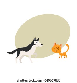 Husky dog dog and red cat, kitten characters, pets, friendship concept, cartoon vector illustration with space for text. Husky dog dog and red cat characters, friends