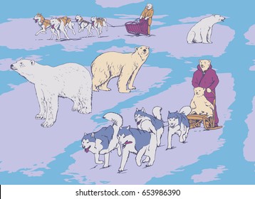 Husky dog sled and polar bears. ?awaii vector set Nordic characters. Greenland, Siberian or Alaskan Native. A native of the Far North. Bear rides on a dog sled. 